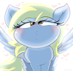 Size: 934x908 | Tagged: safe, artist:malachimoet, derpibooru import, derpy hooves, pegasus, pony, blushing, heart eyes, kissing, kissy face, looking at you, love, romance, romantic, simple background, solo, waifu, white background, wingding eyes