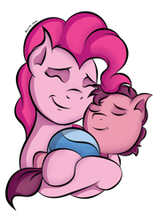 Size: 1006x1409 | Tagged: safe, artist:johesy, derpibooru import, pinkie pie, oc, oc:little brian, earth pony, pony, baby, baby pony, ball, banned from equestria daily, colt, eyes closed, female, foal, hug, male, mare, mother, mother and child, mother and son, offspring, parent and child, parent:oc:big brian, parent:pinkie pie, parents:canon x oc, simple background, smiling, transparent background