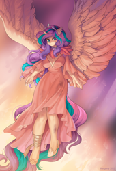 Size: 908x1332 | Tagged: safe, artist:margony, derpibooru import, princess flurry heart, alicorn, anthro, plantigrade anthro, breasts, busty princess flurry heart, clothes, dress, feet, female, flying, horn, looking at you, mare, older, older flurry heart, solo, wings