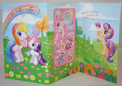 Size: 1399x991 | Tagged: safe, artist:claireseneviratne, derpibooru import, cheerilee (g3), pinkie pie (g3), rainbow dash (g3), scootaloo (g3), starsong, sweetie belle (g3), toola roola, pegasus, pony, unicorn, g3, g3.5, bipedal, birthday, birthday card, card, core seven, cupcake, cute, food, g3 cutealoo, g3 diasweetes, greeting card, height difference, kite, official, rainbow, sticker, sticker set