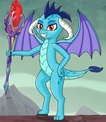 Size: 1280x1469 | Tagged: safe, artist:neondragon, derpibooru import, princess ember, dragon, bloodstone scepter, dragon lands, dragoness, female, looking at you, raised leg, smiling, smiling at you, solo, spread wings, wings