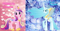 Size: 1608x842 | Tagged: safe, artist:pagiepoppie12345, derpibooru import, princess cadance, queen chrysalis, alicorn, changedling, changeling, changeling queen, pony, canterlot wedding 10th anniversary, changedling queen, crown, crystal, duo, duo female, female, heart, heart background, jewelry, looking at you, mare, purified chrysalis, raised hoof, raised leg, reformed, regalia, smiling, text, wallpaper