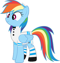 Size: 719x755 | Tagged: safe, artist:pagiepoppie12345, derpibooru import, rainbow dash, pegasus, pony, bowtie, buttons, clothes, hat, multicolored hair, rainbow hair, sailor, sailor lolita, shoes, simple background, smiling, socks, solo, striped socks, transparent background, vector, wings