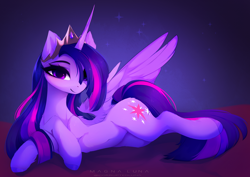 Size: 2780x1968 | Tagged: safe, artist:magnaluna, derpibooru import, princess twilight 2.0, twilight sparkle, twilight sparkle (alicorn), alicorn, pony, the last problem, beautiful, cute, female, high res, looking at you, lying down, majestic, mare, older, older twilight, on side, signature, smiling, smiling at you, solo, spread wings, twiabetes, wings