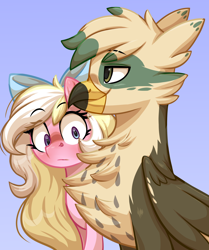 Size: 2066x2473 | Tagged: safe, artist:moonseeker, derpibooru import, oc, oc only, oc:bay breeze, oc:dillinger, griffon, pegasus, pony, abstract background, blushing, bow, chest fluff, eyes on the prize, female, girl staring at guy's chest, griffon oc, hair bow, male, mare, meme, pegasus oc, ponified, ponified meme, simple background, surprised, wings