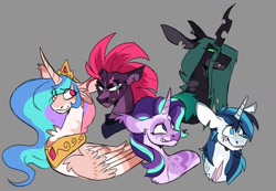 Size: 1060x732 | Tagged: safe, artist:rockin_candies, derpibooru import, princess celestia, queen chrysalis, shining armor, starlight glimmer, tempest shadow, alicorn, changeling, changeling queen, pony, unicorn, armor, broken horn, fangs, female, glowing, glowing eyes, gray background, grimace, horn, jewelry, male, regalia, scar, simple background, smiling, wings