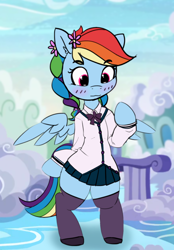 Size: 1024x1468 | Tagged: safe, artist:pabbley, color edit, derpibooru import, edit, edited screencap, editor:maonyman, screencap, rainbow dash, pegasus, pony, semi-anthro, alternate hairstyle, bipedal, blushing, braid, braided pigtails, clothes, cloudsdale, colored, cute, dashabetes, ear fluff, ears, female, flower, flower in hair, looking down, mare, necktie, pleated skirt, rainbow dash always dresses in style, school uniform, schoolgirl, sexy, shoes, skirt, socks, solo, spread wings, stockings, stupid sexy rainbow dash, thigh highs, wings, zettai ryouiki