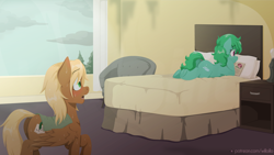 Size: 1920x1080 | Tagged: safe, artist:willoillo, derpibooru import, oc, oc:puddle splasher, oc:threnody, earth pony, pegasus, pony, fallout equestria, fallout equestria: speak, bed, book, cloud, fanfic art, reading, towel, wet, window