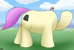 Size: 3408x2298 | Tagged: safe, artist:the-furry-railfan, derpibooru import, oc, oc only, oc:tuffy tonnes, pony, unicorn, butt, disproportional anatomy, large butt, macro, small head, solo, tiny head, wat, waving