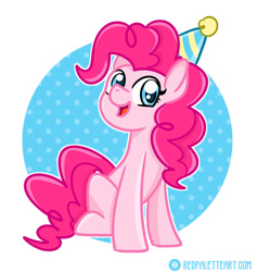 Size: 870x919 | Tagged: safe, artist:redpalette, derpibooru import, pinkie pie, earth pony, pony, cute, hat, party hat, simple background, sitting, smiling, solo, white background