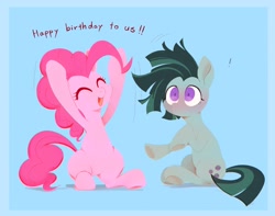 Size: 3025x2386 | Tagged: safe, artist:noupu, derpibooru import, marble pie, pinkie pie, earth pony, pony, birthday, blue background, blushing, cute, duo, duo female, exclamation point, eyes closed, female, fraternal twins, happy birthday, high res, mare, open mouth, open smile, pie sisters, pie twins, siblings, simple background, sisters, smiling, twin sisters, twins, windswept mane
