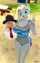 Size: 2160x3418 | Tagged: safe, artist:antonsfms, derpibooru import, oc, oc:dejavecu, anthro, bird, duck, unicorn, anthro oc, beach, beach chair, birthday, birthday gift, birthday gift art, clothes, excited, gift art, grass, horn, legs together, looking at you, makeup, necktie, one-piece swimsuit, outdoors, present, smiling, smiling at you, solo, swimsuit, tattoo, toy, unicorn oc