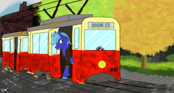 Size: 3508x1881 | Tagged: safe, artist:hrabiadeblacksky, derpibooru import, oc, oc only, oc:dayandey, earth pony, pony, building, male, solo, sparks, stallion, tram, tree