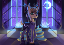 Size: 2709x1900 | Tagged: safe, artist:opal_radiance, derpibooru import, princess luna, oc, deer, empire, johnbaggins, lunarist, night, room, solo, throne