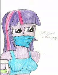 Size: 1280x1655 | Tagged: safe, artist:bluesplendont, derpibooru import, twilight sparkle, equestria girls, angry, bikini, cloth gag, clothes, drawing, gag, glare, solo, swimsuit, tied up, traditional art, twilight sparkle is not amused, unamused