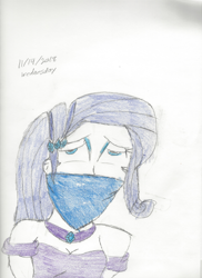 Size: 2088x2872 | Tagged: safe, artist:bluesplendont, derpibooru import, rarity, equestria girls, cloth gag, faint, gag, lidded eyes, passed out, sad, scared, sleepy, solo, tied up, traditional art, worried