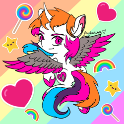 Size: 2411x2410 | Tagged: safe, artist:rainbowwing, derpibooru import, oc, oc only, oc:rainbowwing, alicorn, :3, alicorn oc, candy, complex background, cute, ear fluff, ears, female, flying, food, hoof shoes, horn, lollipop, looking at you, multicolored hair, multicolored mane, multicolored tail, solo, spread wings, sticker, tail, wings