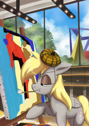 Size: 1024x1449 | Tagged: safe, artist:neoshrek, derpibooru import, derpy hooves, pegasus, pony, easel, female, hat, mare, mouth hold, paintbrush, painting, solo, tree