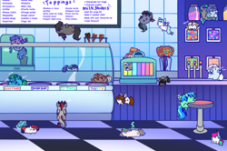 Size: 1785x1188 | Tagged: safe, artist:flixanoa, derpibooru import, oc, oc:amilie pie, oc:artic circle, oc:blaze, oc:bramble dive, oc:daintydolly, oc:donut daydream, oc:fef, oc:goblin, oc:grey matter, oc:jade breeze, oc:katapotato, oc:kisho, oc:nebula dusk, oc:paper bag, oc:potat, oc:scrimmy, oc:silver clover, oc:sonia star song, oc:stargazermap, oc:uki, bat pony, earth pony, pegasus, pony, unicorn, bat pony oc, beans, candy, complex background, cute, earth pony oc, food, group, horn, ice cream, jar, lollipop, menu, pegasus oc, shop, text, unicorn oc