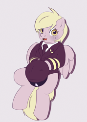 Size: 2076x2921 | Tagged: safe, artist:drafthoof, derpibooru import, derpy hooves, pegasus, semi-anthro, clothes, covering, covering crotch, jacket, pilot, pilot derpy, simple background, solo