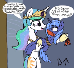 Size: 1280x1182 | Tagged: safe, artist:darktenor5, derpibooru import, princess celestia, princess luna, alicorn, pony, bondage, carrying, cloth gag, cute, gag, lunabetes, muffled words, rope, rope bondage, ropes, s1 luna, sibling rivalry, speech bubble, tied up, younger