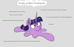 Size: 1789x1145 | Tagged: safe, artist:paskanaakka, derpibooru exclusive, derpibooru import, twilight sparkle, amoeba, hooves debate, simple background, solo, species swap, text, wat