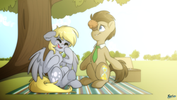 Size: 5000x2813 | Tagged: safe, artist:fluffyxai, derpibooru import, derpy hooves, doctor whooves, earth pony, pegasus, pony, balancing, basket, blushing, chest fluff, crying, cute, doctorderpy, female, laughing, male, open mouth, open smile, picnic basket, picnic blanket, ponies balancing stuff on their nose, shipping, smiling, straight, tears of laughter, teary eyes, tree