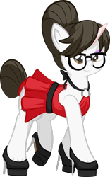 Size: 1920x3068 | Tagged: safe, artist:alexdti, derpibooru import, raven, pony, unicorn, clothes, dress, female, full body, glasses, high heels, high res, hoof shoes, horn, mare, raised leg, shoes, simple background, smiling, solo, transparent background