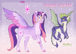 Size: 3904x2805 | Tagged: safe, artist:jadejellie, derpibooru import, spike, twilight sparkle, twilight sparkle (alicorn), alicorn, dragon, pony, alternate design, cloven hooves, curved horn, duo, female, glasses, male, mare, smiling, winged spike, wings