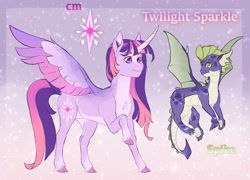 Size: 1440x1034 | Tagged: safe, alternate version, artist:jadejellie, derpibooru import, spike, twilight sparkle, twilight sparkle (alicorn), alicorn, dragon, pony, alternate design, cloven hooves, curved horn, duo, female, male, mare, smiling, winged spike, wings