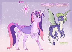 Size: 1440x1034 | Tagged: safe, alternate version, artist:jadejellie, derpibooru import, spike, twilight sparkle, twilight sparkle (alicorn), alicorn, dragon, pony, alternate design, cloven hooves, curved horn, duo, female, male, mare, smiling, winged spike, wings