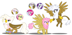 Size: 4371x2137 | Tagged: safe, artist:interstellar-quartz, derpibooru import, fluttershy, gilda, pinkie pie, rarity, hippogriff, hybrid, interspecies offspring, magical lesbian spawn, offspring, parent:fluttershy, parent:gilda, parent:pinkie pie, parents:gildapie, parents:gildashy, parents:gildity, ponygriff, simple background, transparent background