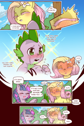 Size: 960x1440 | Tagged: safe, artist:cold-blooded-twilight, derpibooru import, fluttershy, spike, twilight sparkle, dragon, pegasus, pony, comic:cold storm, blushing, blushing profusely, braid, cold blooded twilight, colored eyelashes, comic, crying, dialogue, eyes closed, flower, flower in hair, long eyelashes, sparkles, speech bubble, sweat, sweatdrops, thought bubble