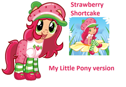 Size: 859x594 | Tagged: safe, artist:ecenazgalaxy, derpibooru import, earth pony, human, pony, clothes, female, flower, food, hat, mare, pants, ponified, shirt, shoes, simple background, smiling, socks, strawberry, strawberry shortcake, strawberry shortcake (character), striped socks, white background