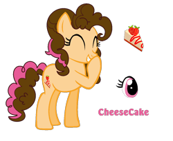 Size: 1156x946 | Tagged: safe, artist:martulove-chan, derpibooru import, oc, oc only, oc:cheesecake, earth pony, pony, cake, cheesecake, eyes closed, female, food, giggling, mare, offspring, parent:cheese sandwich, parent:pinkie pie, parents:cheesepie, simple background, smiling, strawberry, transparent background