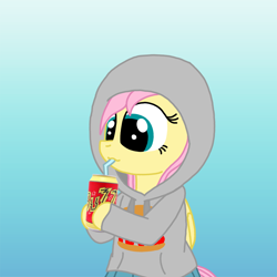 Size: 2048x2048 | Tagged: safe, artist:haileykitty69, derpibooru import, fluttershy, pegasus, semi-anthro, buzz cola, clothes, drink, gradient background, hoodie, soda, solo, steamed hams, the simpsons