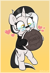 Size: 1236x1794 | Tagged: safe, artist:heretichesh, derpibooru import, oc, oc only, oc:diamond horseshoe, pony, unicorn, bipedal, clothes, cookie, cute, eating, female, filly, foal, food, glasses, golden eyes, gradient background, happy, heart, horn, oreo, smiling, solo, sweater, unicorn oc