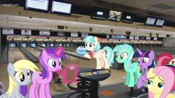 Size: 1140x641 | Tagged: safe, derpibooru import, amethyst star, coco pommel, derpy hooves, fluttershy, lyra heartstrings, roseluck, sparkler, twilight sparkle, earth pony, pegasus, pony, unicorn, 1000 hours in paint.net, bowling alley, bowling ball, irl, photo, ponies in real life