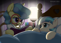 Size: 3056x2184 | Tagged: safe, artist:vinilyart, derpibooru import, charity kindheart, coco pommel, earth pony, pony, bedtime story, book, cocobetes, cute, duo, eye contact, female, filly, filly coco pommel, foal, in bed, looking at each other, lying down, mare, on back, sitting, younger