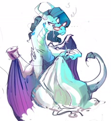 Size: 1938x2120 | Tagged: safe, artist:alumx, derpibooru import, rarity, dragon, dragon wings, dragoness, dragonified, fabric, female, glasses, raridragon, rarity's glasses, sewing, sewing needle, simple background, solo, species swap, spool, thread, white background, wings