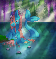 Size: 1280x1360 | Tagged: safe, artist:luminescence553, derpibooru import, oc, oc only, merpony, seapony (g4), coral, female, fish tail, flower, flower in hair, forest, injured, isolated, lake, mare, red mane, sad, seaponified, seashell, simple background, solo, species swap, sunlight, tail, transparent background, tree, water