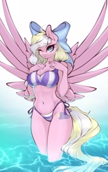 Size: 1857x2932 | Tagged: safe, artist:u_lu_lu, derpibooru import, oc, oc only, oc:bay breeze, anthro, pegasus, anthro oc, belly button, bikini, breasts, cleavage, clothes, cute, female, legs in the water, looking at you, mare, one eye closed, partially submerged, side-tie bikini, solo, spread wings, striped bikini, striped swimsuit, swimsuit, water, wings, wink, winking at you