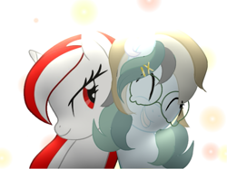 Size: 719x538 | Tagged: safe, artist:be_yourself, derpibooru import, oc, oc:altersmay earth, oc:sinar bulan indonesia, alicorn, pegasus, pony, duo, duo female, eyes closed, female, glasses, grin, looking at each other, looking at someone, mare, older altersmay earth, simple background, smiling, smiling at each other, white background