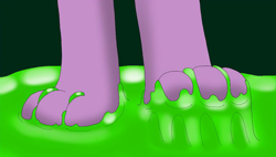 Size: 2000x1137 | Tagged: safe, artist:onimagmachan, derpibooru import, spike, dragon, changeling slime, claws, cropped, feet, fetish, foot fetish, foot focus, forest, legs, male, male feet, pictures of legs, puddle, slime, sticky, stuck, toes, trapped, underfoot