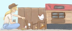 Size: 2865x1242 | Tagged: safe, artist:applephil, derpibooru import, applejack, bird, chicken, human, chicken coop, eyes closed, humanized, sitting, smiling