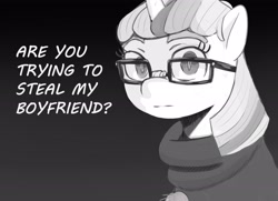 Size: 2986x2160 | Tagged: safe, artist:applephil, derpibooru import, moondancer, pony, unicorn, black and white, clothes, female, glasses, gradient background, grayscale, mare, monochrome, ponified, solo, sweater, talking to viewer, turtleneck, yandere