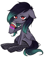 Size: 1244x1620 | Tagged: safe, artist:lucystormdrop, derpibooru import, oc, oc only, pegasus, pony, clothes, ears, edgy, floppy ears, goth, simple background, sitting, solo, stockings, thigh highs, white background