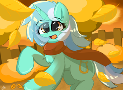 Size: 2000x1454 | Tagged: safe, artist:grithcourage, derpibooru import, lyra heartstrings, pony, unicorn, autumn, chest fluff, clothes, cute, eye clipping through hair, eyebrows, eyebrows visible through hair, female, fence, leaf, leaves, lyrabetes, mare, open mouth, open smile, running, scarf, signature, smiling, solo