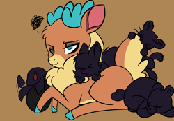 Size: 2388x1668 | Tagged: safe, artist:larrykitty, derpibooru import, velvet reindeer, bear, big cat, snake, wolf, them's fightin' herds, community related, cougar (animal), cute, lying down, prone, scrunchy face