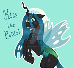 Size: 1920x1786 | Tagged: safe, artist:cherrycandi, derpibooru import, queen chrysalis, changeling, changeling queen, canterlot wedding 10th anniversary, a canterlot wedding, bipedal, blushing, deviantart watermark, female, happy, insect wings, obtrusive watermark, open mouth, open smile, raised hooves, signature, simple background, smiling, solo, spread wings, veil, watermark, wings